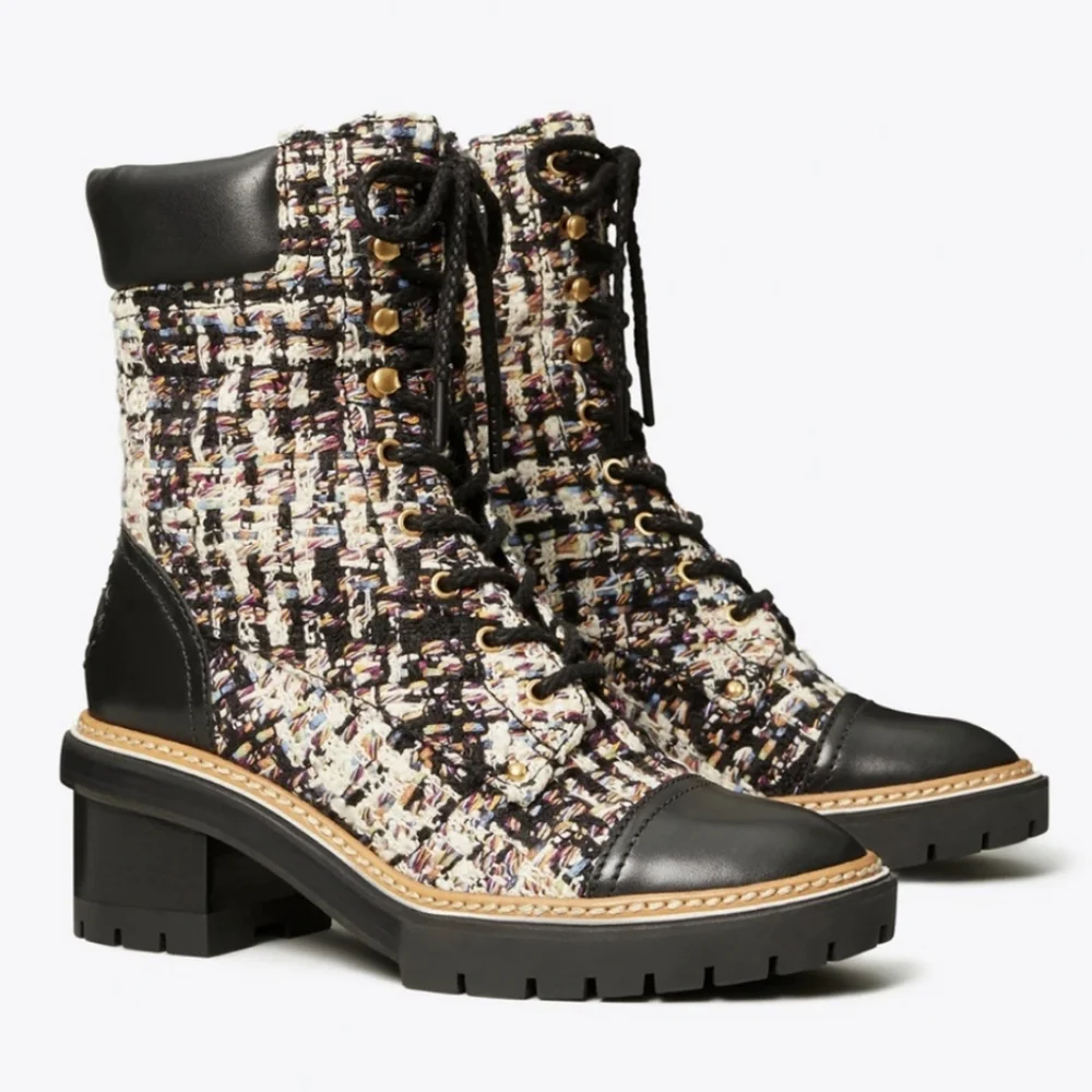 Tory Burch Miller Lug Sole Leather and Tweed size Lace Up Boot 9